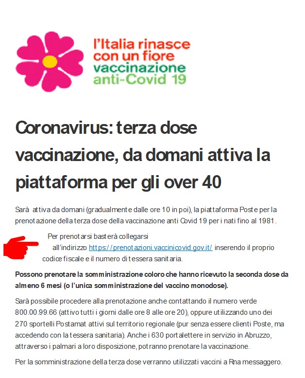 Coronavirus: terza dose vaccinazione, da domani attiva la piattaforma per gli over 40